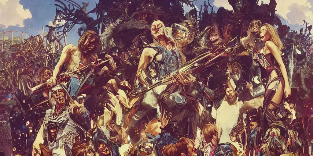 Prompt: Iron Maiden playing their last outdoor show while the world ends, by artgerm and greg rutkowski and alphonse mucha and loish and WLOP, artstation, detailed