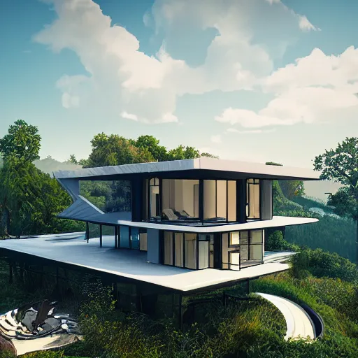 Image similar to modern villa inspired by a rooster, ultra detailed, matte painting, overlooking a valley, big trees, clouds, dramatic lighting, artstation, matte painting, raphael lacoste, simon stalenhag, frank lloyd wright, drone view