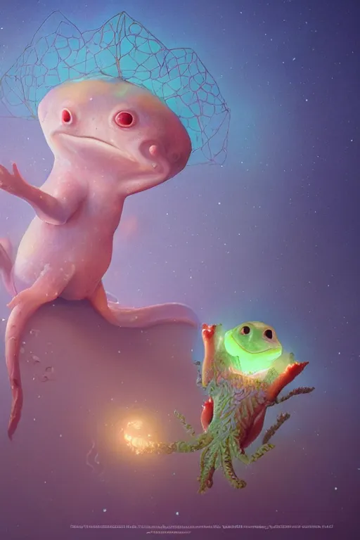 Image similar to Bioluminescent, portrait of axolotl wearing wizard hat, very intricate , trending on artstation , very elegant, in the golden hour by Daniel Merriam, Trending on Artstation, oil on Canvas by Elena Zhurikhina and Goro Fujita and Charlie Bowater, octane render, 4k, 8k, HD