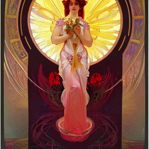 Image similar to a beautiful orchid phoenix angel woman, in an ornamented dress with large, volumetric light, god rays, 8 k high resolution, rubies, by alphonse mucha