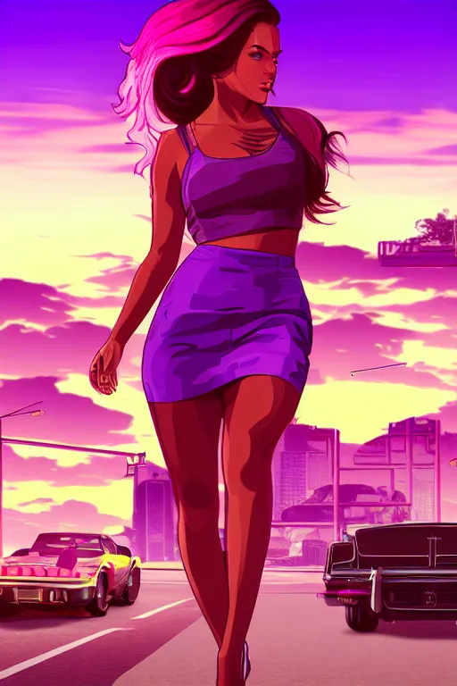 Prompt: a stunning GTA V loading screen with a beautiful woman with ombre purple pink hairstyle, hair blowing in the wind, sunset mood, outrun, vaporware, retro, digital art, trending on artstation