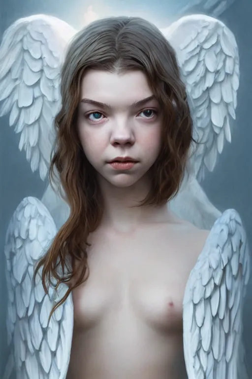 Image similar to anya taylor - joy as a heavenly angel, anatomy, bathing in light, highly detailed, photorealistic, artstation, smooth, sharp focus, illustration, unreal engine 5, 8 k, art by art by artgerm and greg rutkowski and edgar maxence