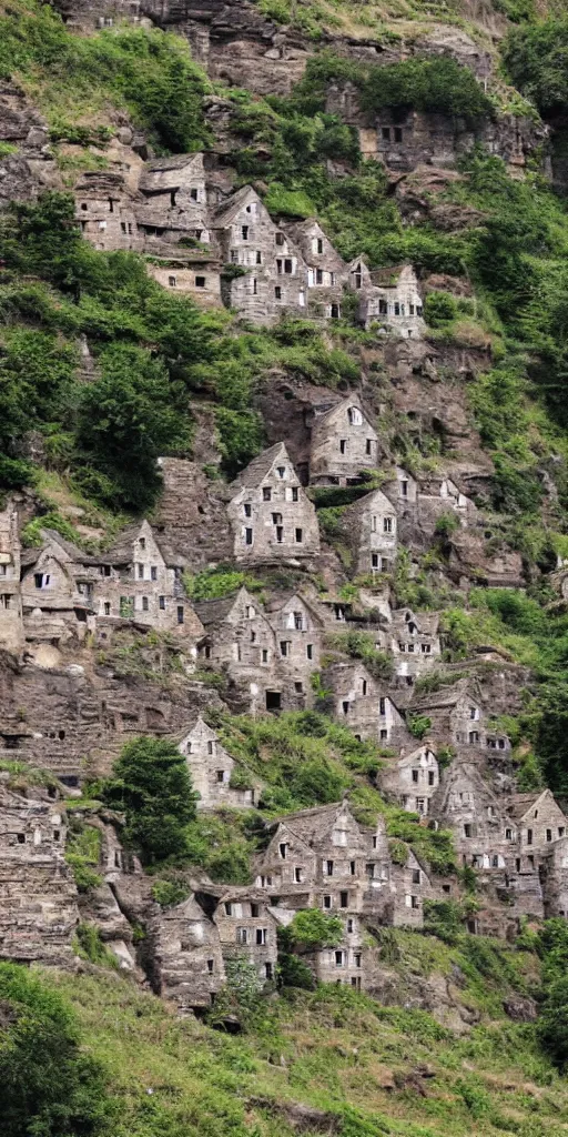 Image similar to a large village of stone houses carved into the side of a tall cliff