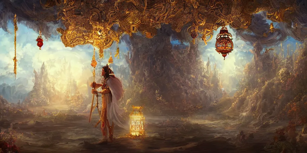 Image similar to painting of a god of wind enjoying his ornate heavenly palace, decorated with windchimes and paper lanterns, stunning nature in background, digital art trending on artstation