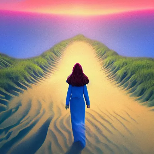 Prompt: closeup giant dahlia flower shoulders head, girl walking between dunes, surreal photography, sunrise, blue sky, dramatic light, impressionist painting, digital painting, artstation, simon stalenhag