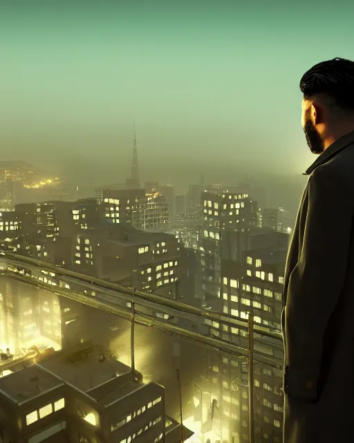 Prompt: a night rooftop scene, close up shot of a photorealistic gangster wearing a trench coat looking at the city below, unreal engine, hyper realism, realistic shading, artstation