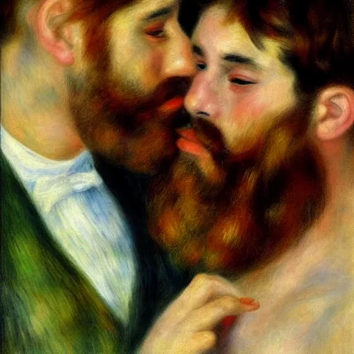 Prompt: art by renoir, bearded man kissing bearded man