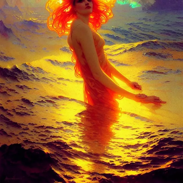 Image similar to backlit ocean waves of glossy kaleidoscopic liquid honey drops flowing like psychedelic translucent amber, lsd waves, lsd ripples, backlit, sunset, refracted lighting, art by collier, albert aublet, krenz cushart, artem demura, alphonse mucha