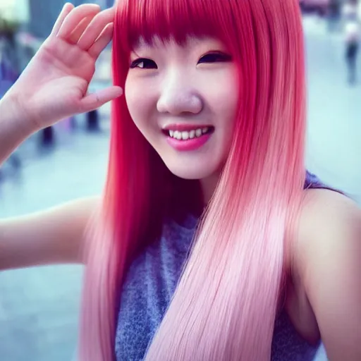 Prompt: beautiful hyperrealism selfie of nikki 苏 暖 暖 from shining nikki, a cute 3 d young woman smiling sofly, long light pink hair and full bangs, flushed face, small heart - shaped face, amber eyes, chinese heritage, golden hour, 8 k, sharp focus, instagram