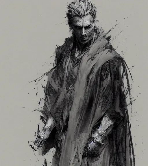 Prompt: portrait of shaven man with blond ponytail hair up wearing black robes, pen and ink, intricate line drawings, by craig mullins, ruan jia, kentaro miura, greg rutkowski, loundraw