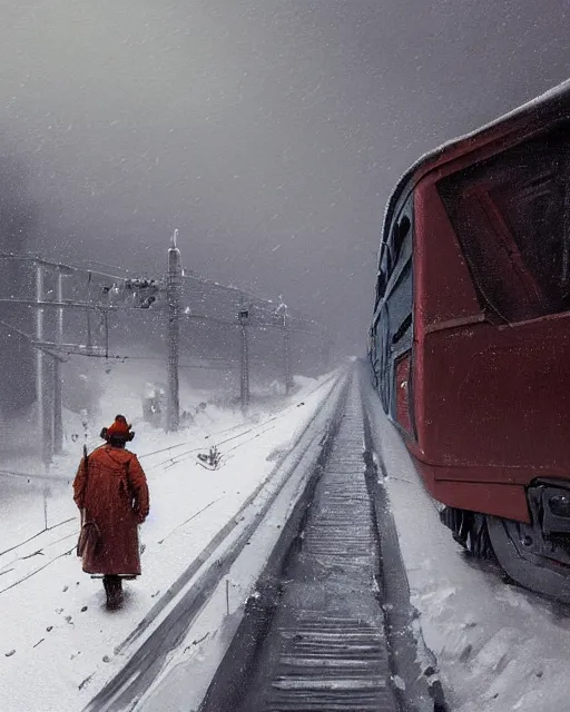 Image similar to a highly detailed epic cinematic concept art CG render digital painting artwork: Railroad in snowy landscape of Siberia and worker in orange west. By Greg Rutkowski, in the style of Francis Bacon and Syd Mead and Norman Rockwell and Beksinski, open ceiling, highly detailed, painted by Francis Bacon and Edward Hopper, painted by James Gilleard, surrealism, airbrush, Ilya Kuvshinov, WLOP, Stanley Artgerm, very coherent, triadic color scheme, art by Takato Yamamoto and James Jean