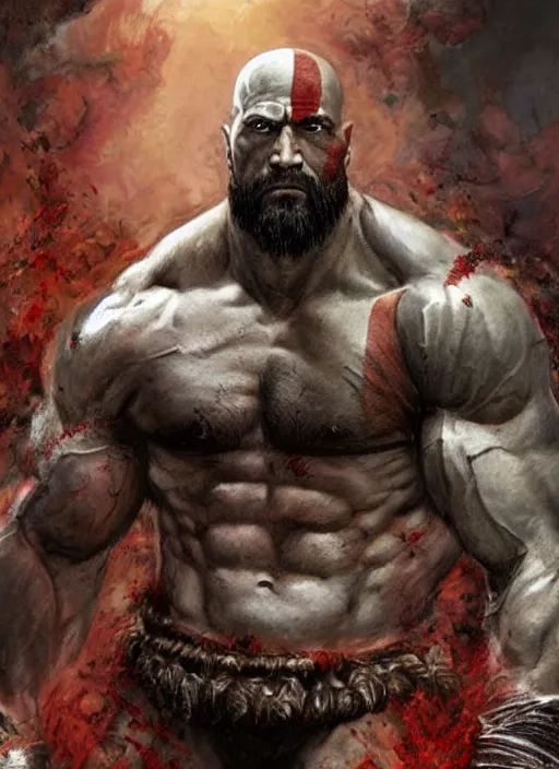 Image similar to a highly detailed beautiful portrait of dwayne johnson kratos hybrid god of war fighting zombies on a pile of human skulls, spartan warrior, olympian god, muscular!, frank frazetta, boris vallejo, octane, fantasy