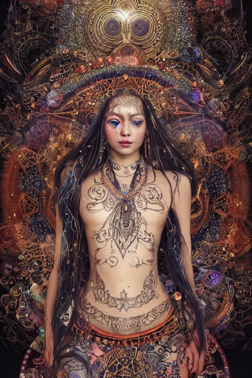 Image similar to a centered full body render of an alluring festival hippy with tribal tattoos wearing intricate metallic clothing surrounded by a underwater ink pour and flowing liquid gallium and sacred geometry, perfect body and face, gorgeous, cinematic, beautifully lit, by miho hirano, by karol bak, by donato giancola, 3 d, trending on artstation, octane render, 8 k