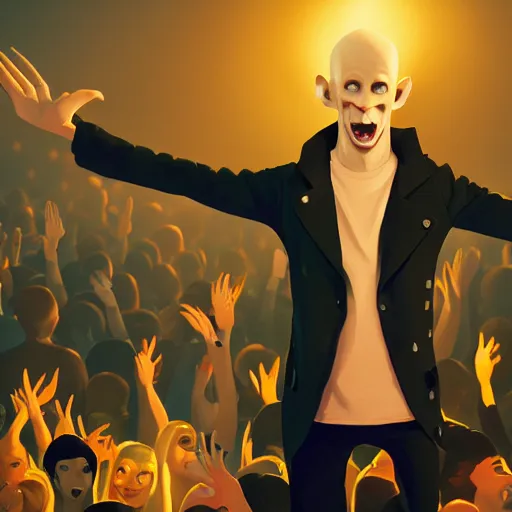 Image similar to full body shot of popstar singer nosferatu at a concert, led lights, mattepainting concept blizzard pixar maya engine on stylized background splash comics global illumination lighting artstation lois van baarle, ilya kuvshinov, rossdraws