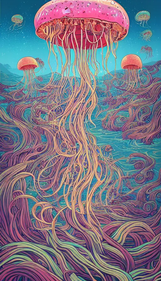 Prompt: The flowery land of the jellyfish, italian futurism, Dan Mumford, da vinci, Josan Gonzalez