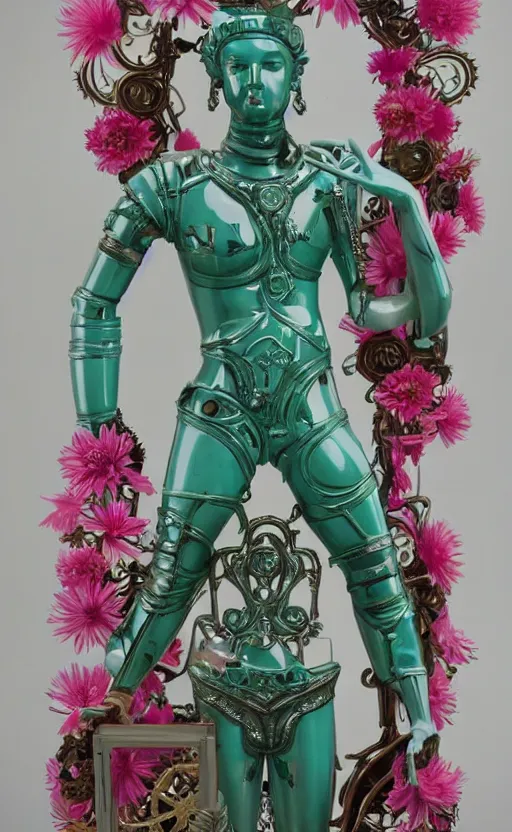 Image similar to a young handsome latino ceramic and pink iron-plated android prince with a large glowing mint crystal in the center of his chest, full-body bronze cyberpunk style statue of Andromeda with glowing green laser eyes, crown of mechanical chrysanthemums, flowing aqua silk, fabric, steampunk flowers. baroque elements, human hands. full-length view. baroque element. intricate artwork by caravaggio. many flying horses on background. Trending on artstation, octane render, cinematic lighting from the right, hyper realism, octane render, 8k, depth of field, 3D