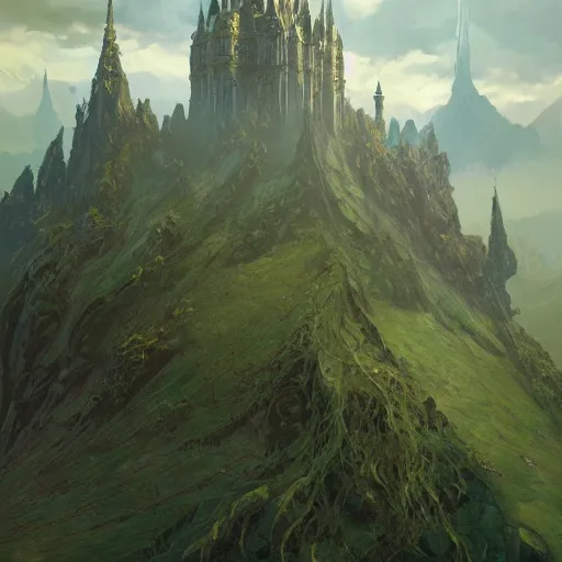 Image similar to light oil painting of tolkien inspired high castle with wizard towers and walls, elegant architecture on top of a green forest, artstation art by greg rutkowski and alphonse mucha