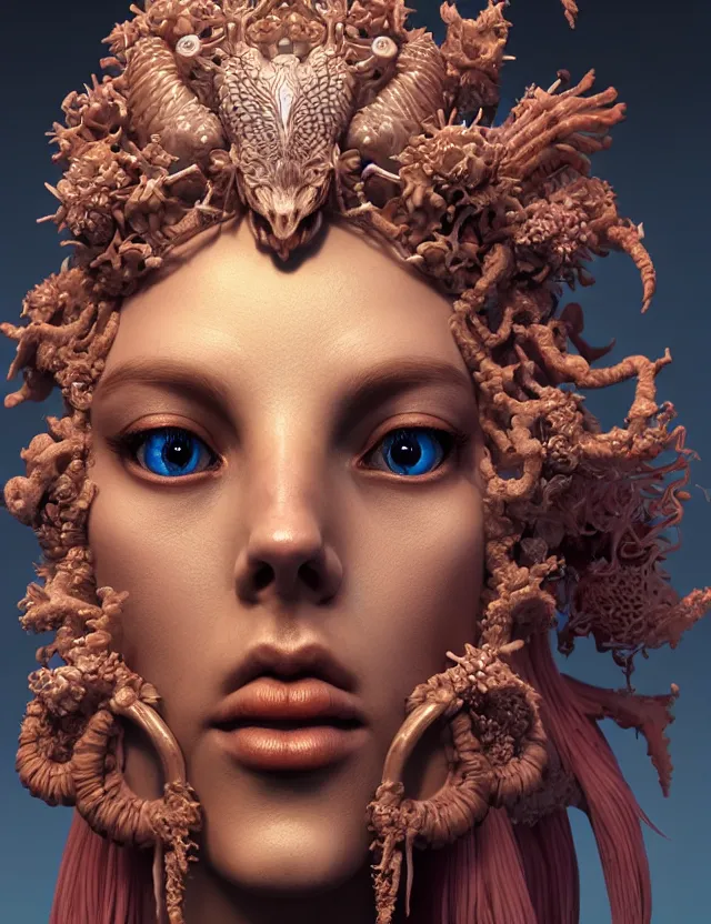 Image similar to symmetrical, centered, zbrush sculpt of goddess close-up portrait wigh crown made of skulls. phoenix betta fish, phoenix, bioluminiscent creature, super intricate ornaments artwork by Tooth Wu and wlop and alena aenami and greg rutkowski