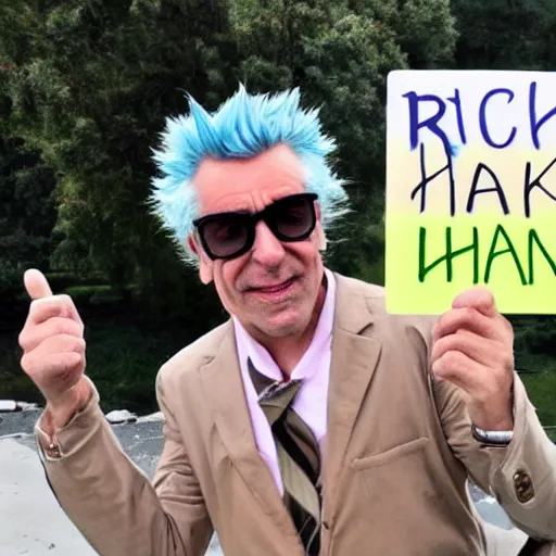 Prompt: rick sanchez holding up a blank sign