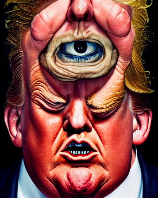 Image similar to a overhead close up portrait of Cyclops Donald Trump with an angry expression, facing front, looking up, by Lucian Freud and Jenny Saville, oil painting, anatomically correct, beautiful perfect face, sharp focus, Highly Detailed, Cinematic Lighting, 8k, HD