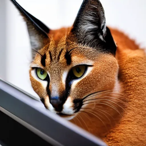 Image similar to cat caracal sitting in front of a laptop and typing something