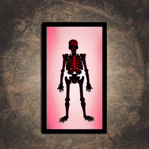 Prompt: A red skeleton infront of a vapourwave background