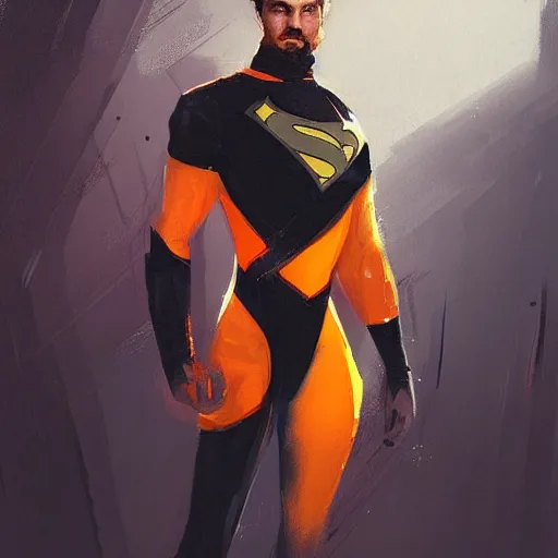 Image similar to portrait of a superhero by greg rutkowski, he looks like joseph quinn, he is wearing a black, orange and yellow kevlar gear, highly detailed portrait, digital painting, artstation, concept art, smooth, sharp foccus ilustration, artstation hq