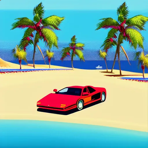 Image similar to a red Ferrari testarossa next to a white sand beach with palm trees. 16bit graphics. Outrun game