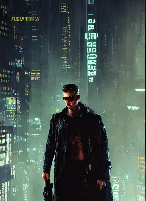 Prompt: commissioner gordon. cyberpunk assassin in a cyberpunk stealth suit ( blade runner 2 0 4 9, cyberpunk 2 0 7 7 ). orientalist portrait by john william waterhouse and james gurney and theodore ralli and nasreddine dinet, oil on canvas. cinematic, hyper realism, realistic proportions, dramatic lighting, high detail 4 k