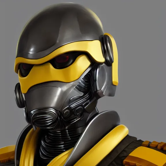 Image similar to a portrait of a angry cybernetic robocop samurai demon character, yellow background, unreal engine, octane render, artstation, digital art.