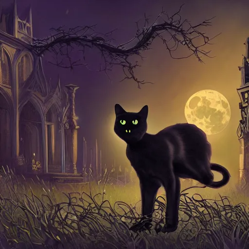 Image similar to an ultra detailed animation of a black cat with bats in a graveyard at midnight on halloween tattoo, digital art, dark fantasy, concept art, soulslike, by alphonse mucha, blood moon eclipse, ruined building in the background, artstation, 8 k, unreal engine render