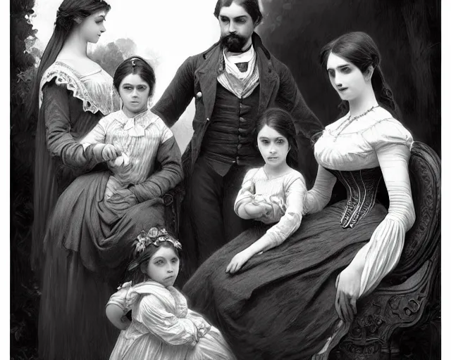 Image similar to black and white old photograph of a family in the 1 8 0 0 s, deep focus, d & d, fantasy, intricate, elegant, highly detailed, digital painting, artstation, concept art, matte, sharp focus, illustration, hearthstone, art by artgerm and greg rutkowski and alphonse mucha