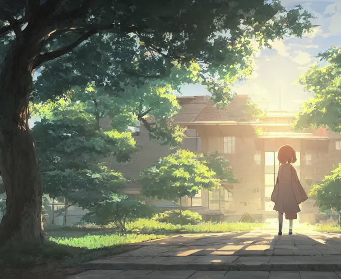 Image similar to a school building peaceful and serene incredible perspective, soft lighting, 4K, Your Name., Beautiful, ultra detailed, anime scenery concept art by Makoto Shinkai