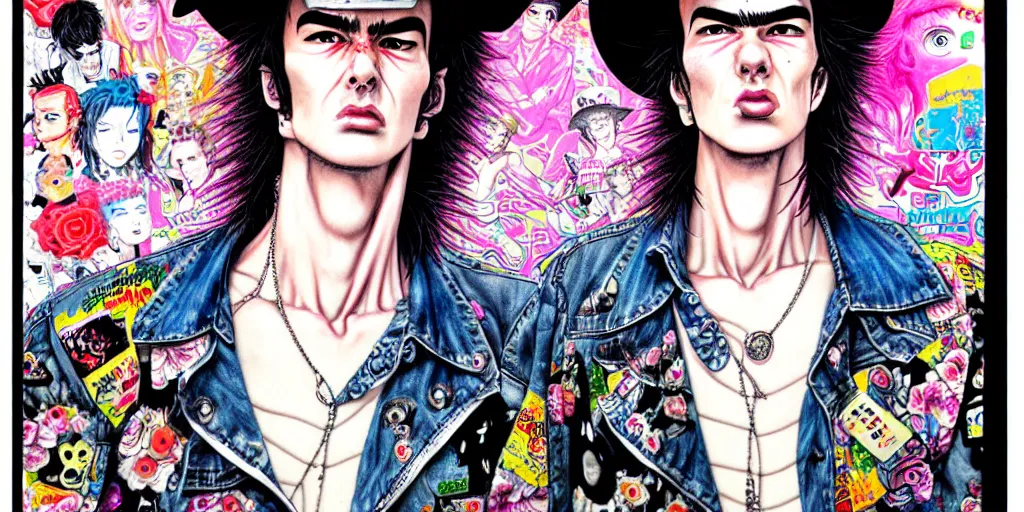 Image similar to full view of sid vicious, wearing a cowboy hat, style of yoshii chie and hikari shimoda and martine johanna, highly detailed