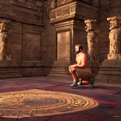 Image similar to A man kneeling before gods asking for his wishes to be fulfilled, with gods in the foreground in a temple setting, ultra photo realistic, unreal engine, 8K UHD