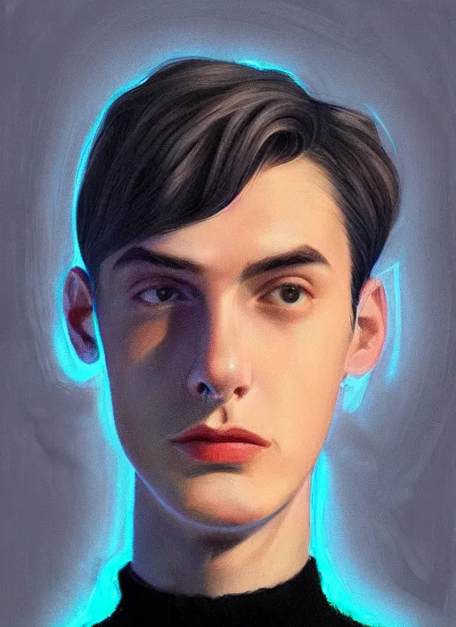 Image similar to portrait of teenage jughead jones wearing a light grey crown, crown, blue turtleneck, 1 9 5 0 s, closed eyes, photorealistic, black hair, glowing lighting, intricate, elegant, glowing lights, highly detailed, digital painting, artstation, concept art, smooth, sharp focus, illustration, art by wlop, mars ravelo and greg rutkowski