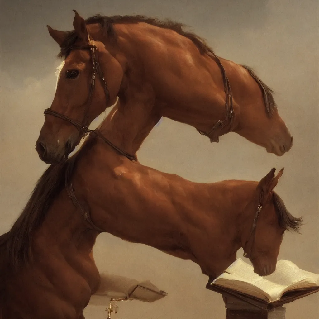 Image similar to a horse reading a book, cinematic lighting, evening sunlight, by roberto ferri and jeremy lipking, hyper detail, hyper realistic