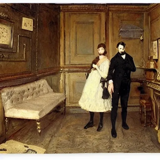 Image similar to a man and a woman solving an escape room puzzle alfred stevens