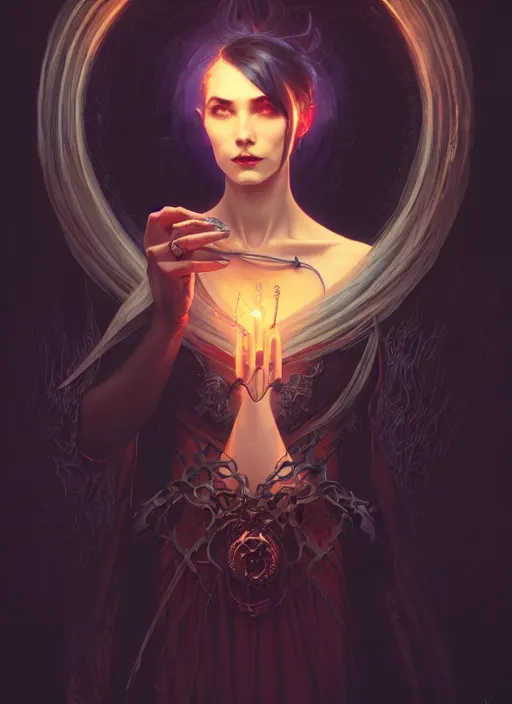 Image similar to Necromancer Sorceress, fantasy magic, undercut hairstyle, dark light night, intricate, elegant, sharp focus, illustration, highly detailed, digital painting, concept art, matte, art by WLOP and Artgerm and Greg Rutkowski and Alphonse Mucha, masterpiece