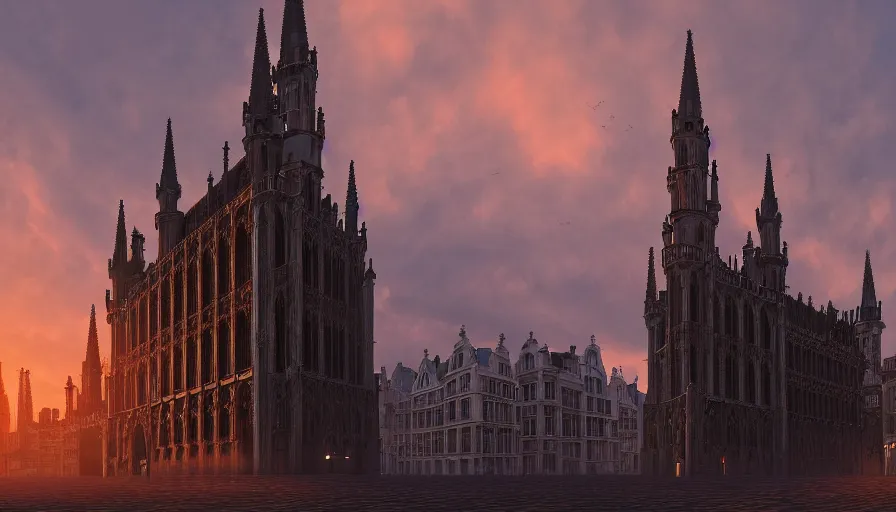 Image similar to Digital painting of Neo-Gothic Brussels at sunrise, wide angle, volumetric light, hyperdetailed, artstation, cgsociety, 8k