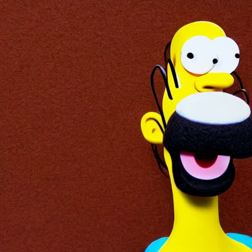 Image similar to homer simpson as a muppet with yellow skin, brown mouth, white polo shirt. highly detailed felt. hyper real photo. 4 k.