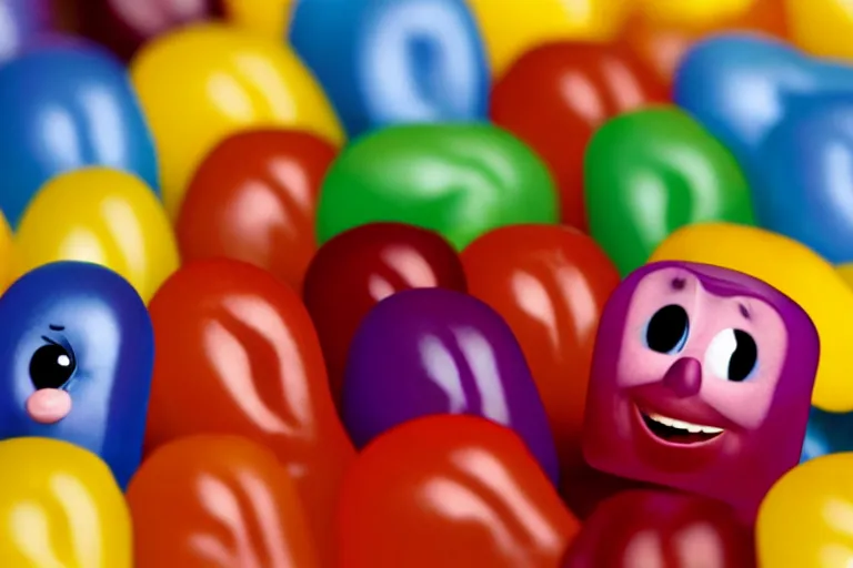 Image similar to a jelly bean, happy, moving boxes from a bed to the floor, pixar