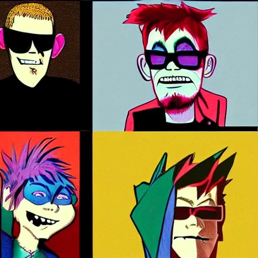 Prompt: the band members of linkin park drawn colorfully in the style of the gorillaz by jamie hewlett