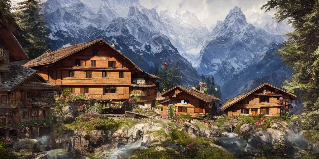 Prompt: A Swiss house in the mountains as Far Cry 4 concept art, spring season, beautiful, gorgeous buildings, oil painting, painting by Viktor Vasnetsov, concept art, fantasy landscape, swiss architecture, painting by Ivan Shishkin, hyperborea, high resolution, trending on artstation,