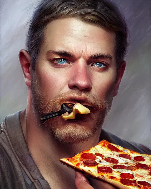 Image similar to a man with rifle in hand eating a pizza, scar under eye, cover page very intricate | cinematic lighting | award - winning | closeup portrait | by donato giancola and mandy jurgens and charlie bowater | featured on artstation