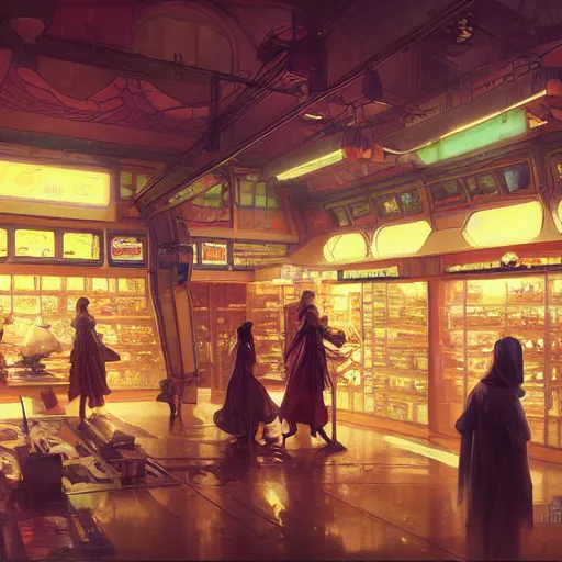 Image similar to inside a dimly lit futuristic toystore. highly detailed, digital painting, artstation, concept art, matte, sharp focus, illustration, art by artgerm and greg rutkowski and alphonse mucha