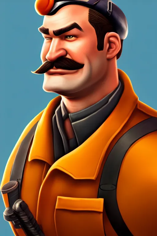 Image similar to beautiful highly detailed realistic stylized character portrait team fortress 2 engineer, detailed character art master portrait, trending on artstation