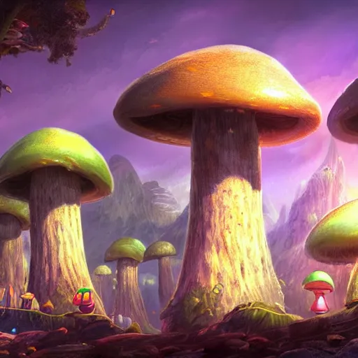 Prompt: beautiful matte art of a mushroom kingdom in the style of futuristic 1 8 th / 1 9 th / 2 0 th century concept art detailed realistic, highly detailed, crystal lighting, hyperrealistic, unreal engine, magical