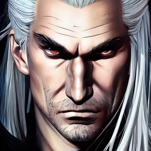 Prompt: well drawn animation portrait Anime Geralt of Rivia Sharp fine face, realistic shaded Perfect face, fine details. Anime realistic shaded lighting by katsuhiro otomo ghost-in-the-shell, magali villeneuve, artgerm, rutkowski Jeremy Lipkin and Giuseppe Dangelico Pino and Michael Garmash and Rob Rey