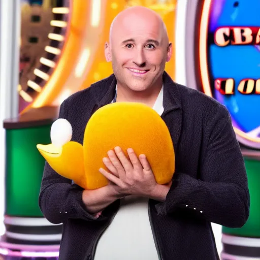 Prompt: tv show bald contestant with giant ears winning a duck on tv show wheel or no wheel